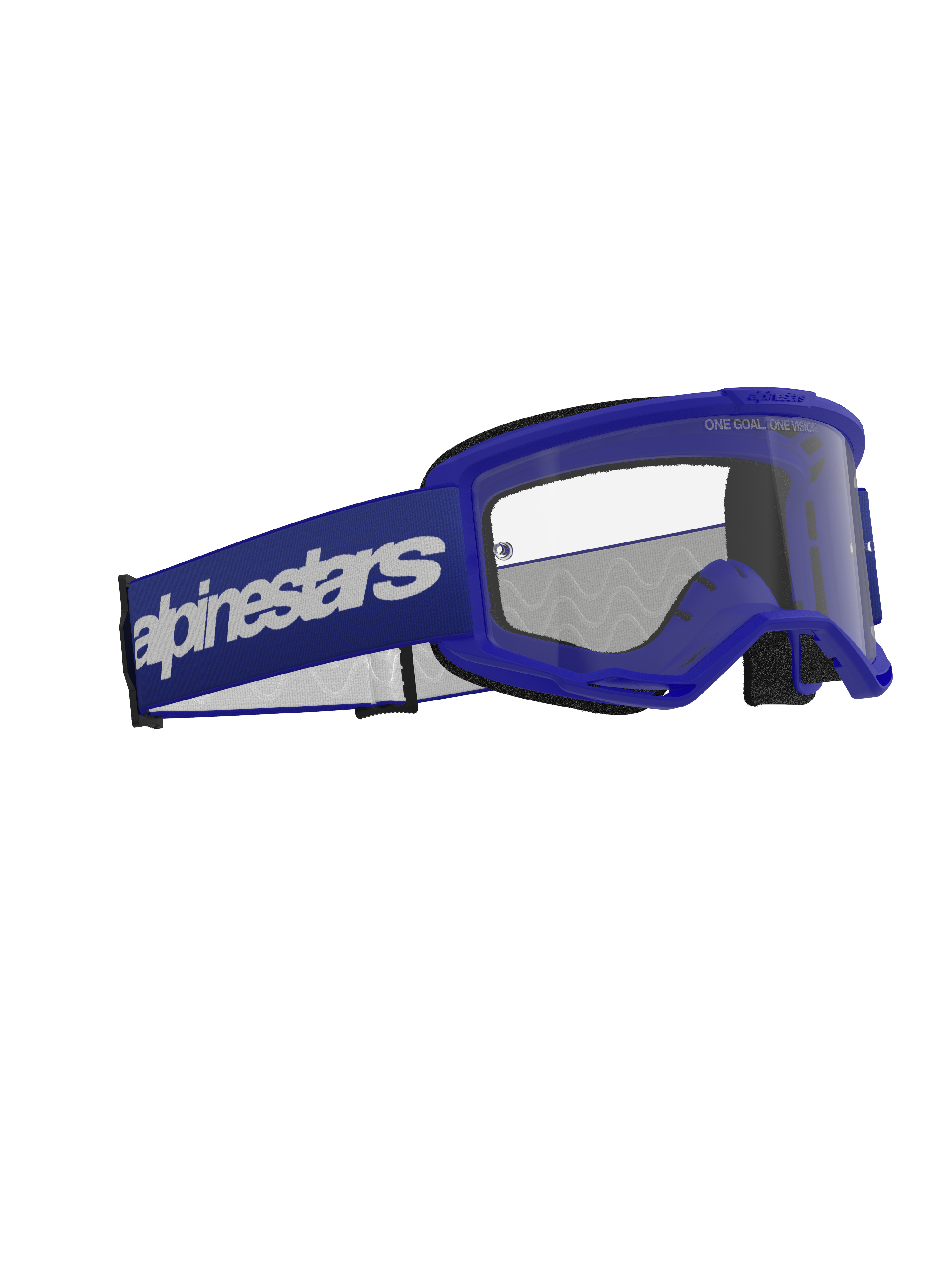 Alpinestars Vision 3 Wordmark Goggles, Motocross Goggles, Blue and Clear, featuring a blue A-FLEX frame, clear anti-fog polycarbonate lens, and a wide dark blue strap with a white Alpinestars wordmark logo, durable off-road eye protection