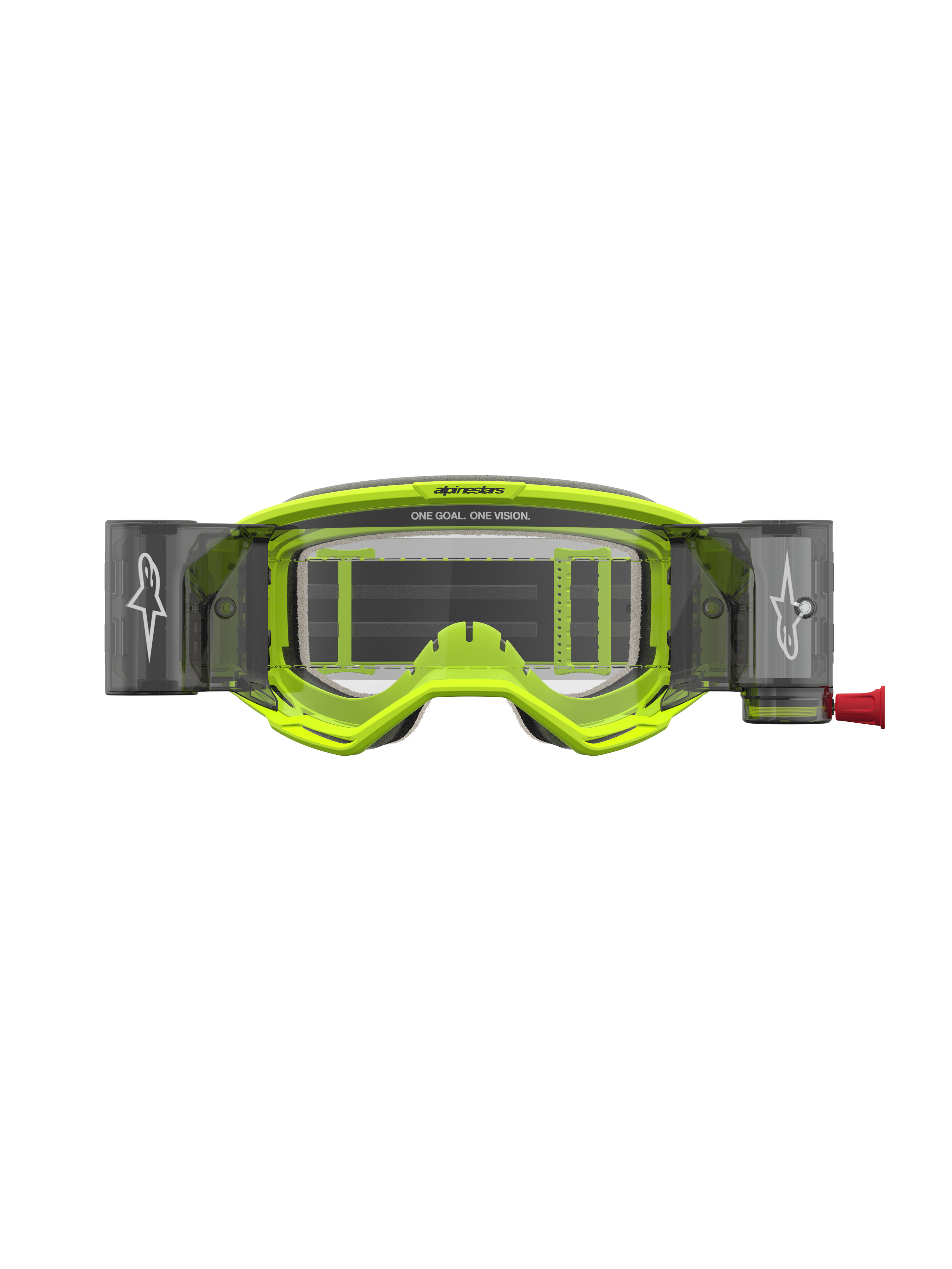 Alpinestars Vision 5 Rora Roll Off Motocross Goggles in Yellow Fluo and Black featuring a clear lens system.