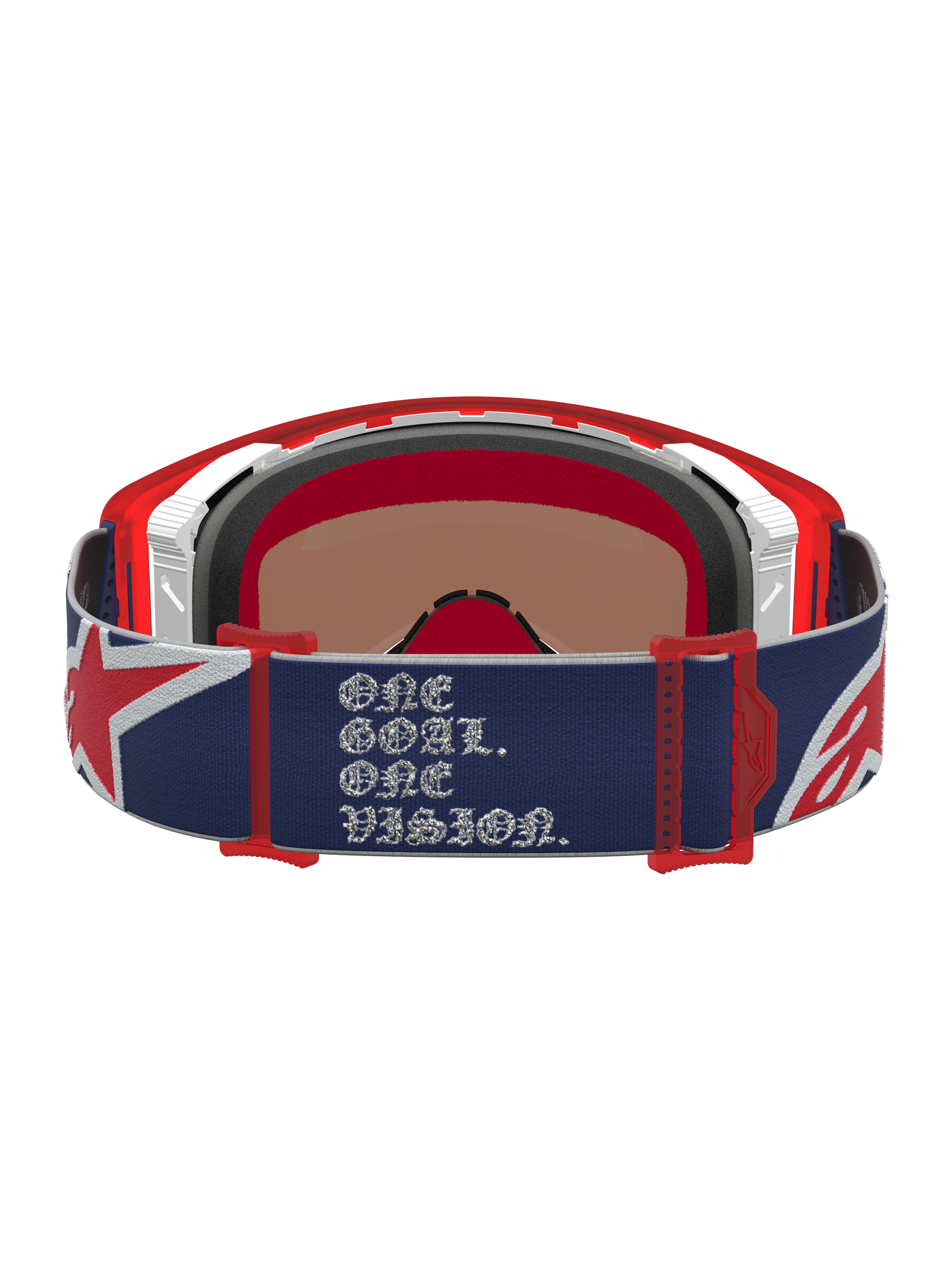 Alpinestars Limited Edition Supertech Fiftyfold Motocross Goggles, Blue and Red, featuring One Goal One Vision strap text.