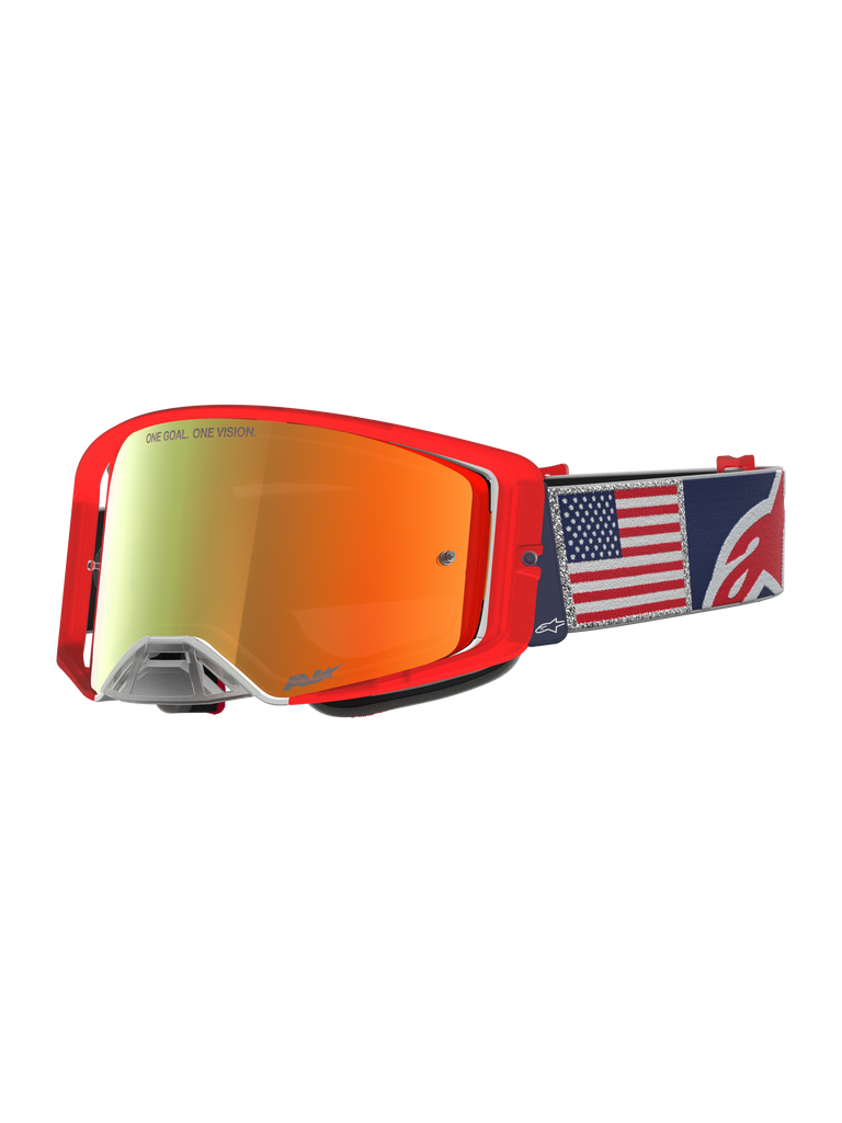 Alpinestars Supertech Fiftyfold Goggles, blue and red limited edition MX eyewear with mirrored lens and USA flag strap.