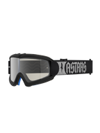 Alpinestars Vision Youth Atrox Goggles, youth motocross eyewear in black and silver with a silver mirror lens and woven strap.