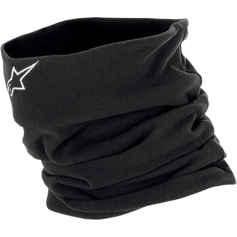 Alpinestars Neck Warmer, Black Fleece Tube Neck Gaiter, white embroidered star logo, double-layered insulating construction for wind protection, motorcycle cold weather base layer
