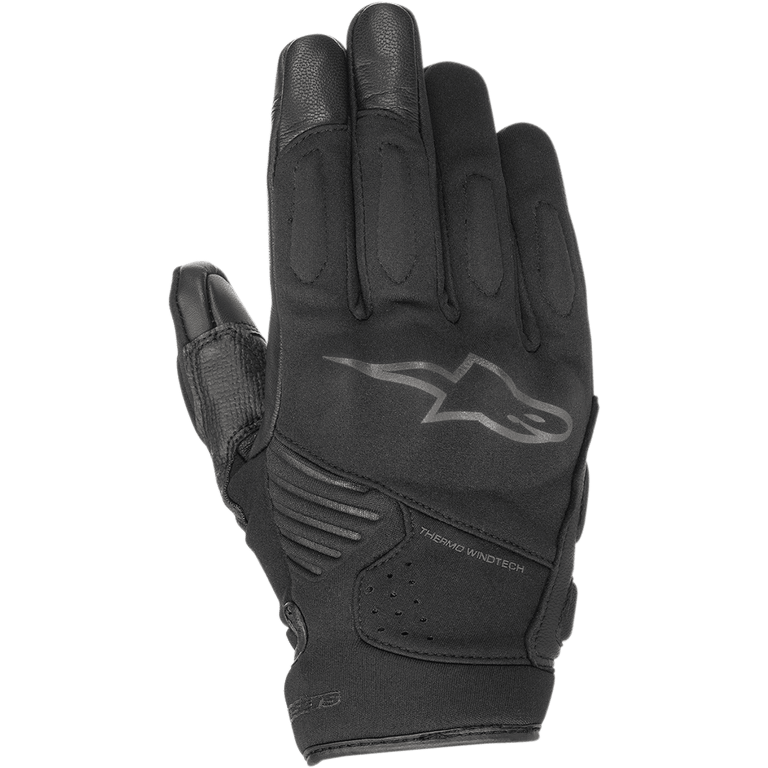 Alpinestars Faster Gloves, Black Motorcycle Gloves, featuring the Alpinestars star logo and Thermo Windtech branding, reinforced knuckle and finger padding, multi-material urban riding design