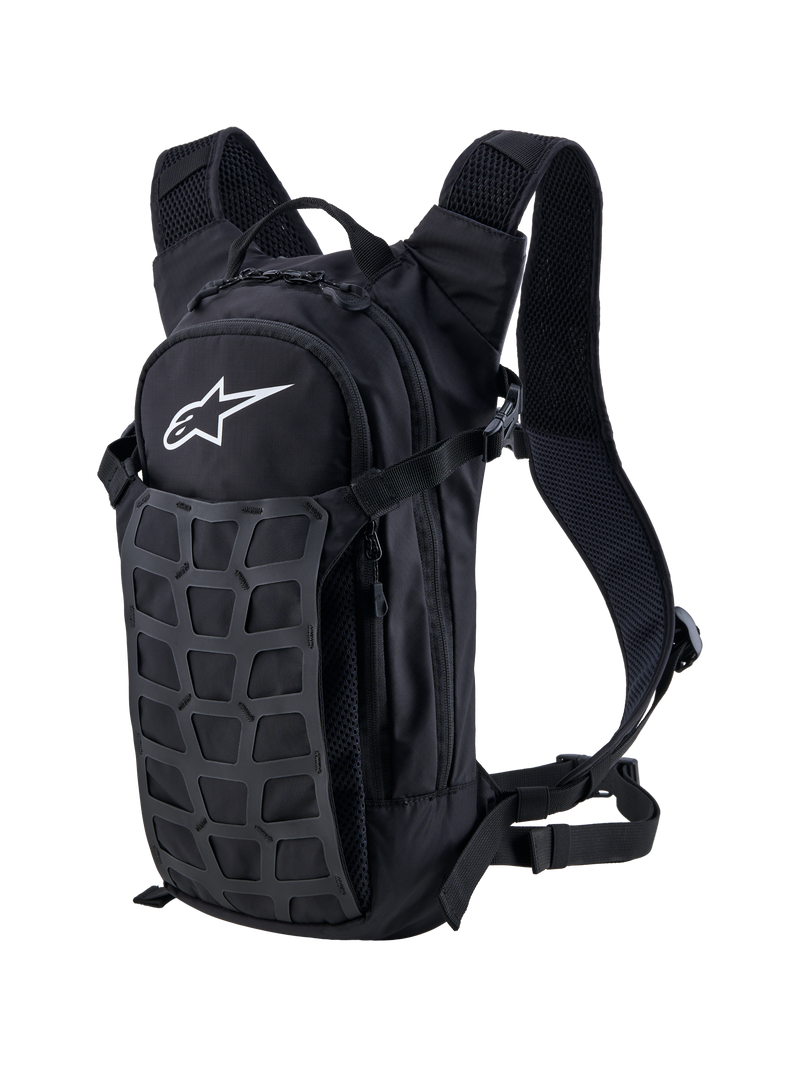 Alpinestars AT-9 Backpack, Motocross and Everyday Riding Backpack, Black and Deep Gray, Durable Textile with Padded Straps and Front Utility Grid, Features White Alpinestars Logo