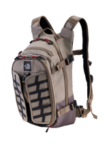 Alpinestars AT-15 Back Pack, Aluminum Walnut, 15L expandable adventure motorcycle backpack, front 3/4 view featuring All Terra logo, black grid panel, red zipper accents, and ergonomic shoulder straps, rugged off-road design