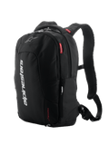 Alpinestars City Hunter V2 Backpack, Black with White and Red accents, Urban motorcycle backpack, Featuring padded mesh shoulder straps, multiple zippered compartments, vertical white branding, and red logo details, ergonomic design for riders