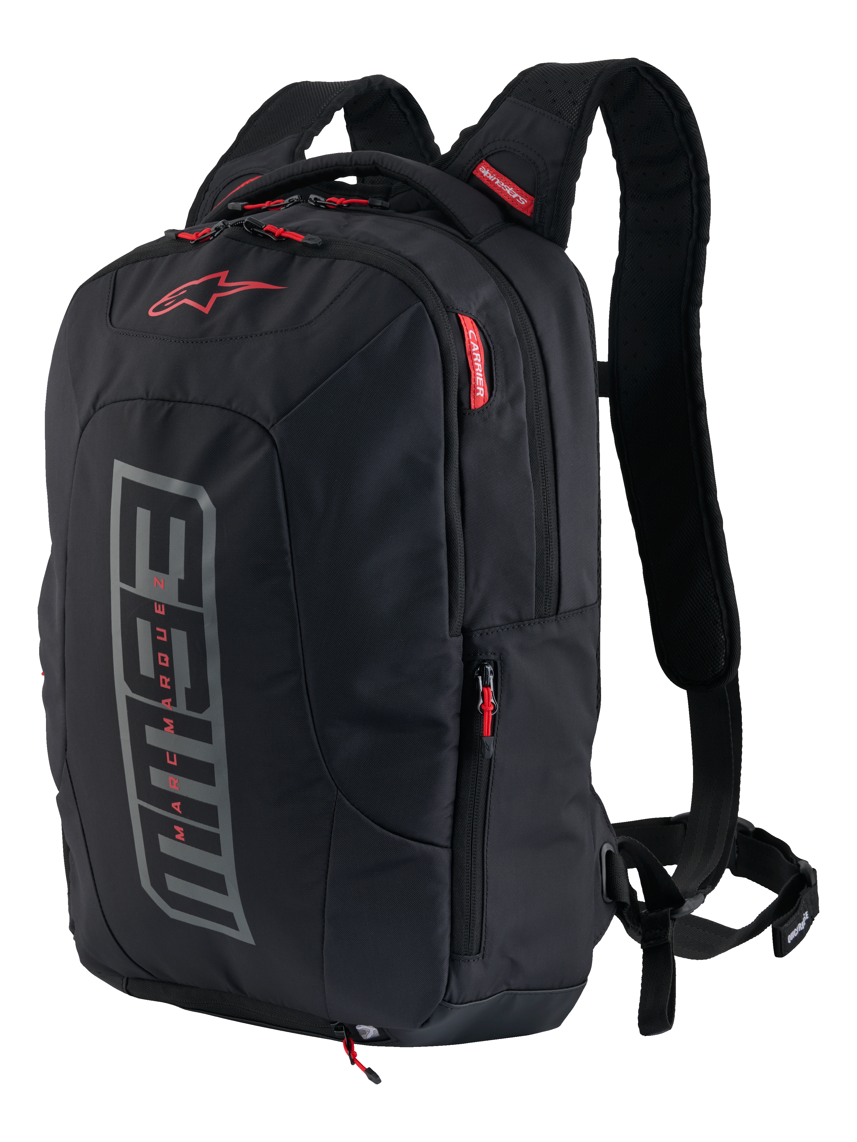 Alpinestars MM93 City Hunter V2 Backpack, Motorcycle Backpack, Black with grey MM93 graphic and red accents, Marc Marquez signature collection, featuring padded shoulder straps and side pockets, durable urban design