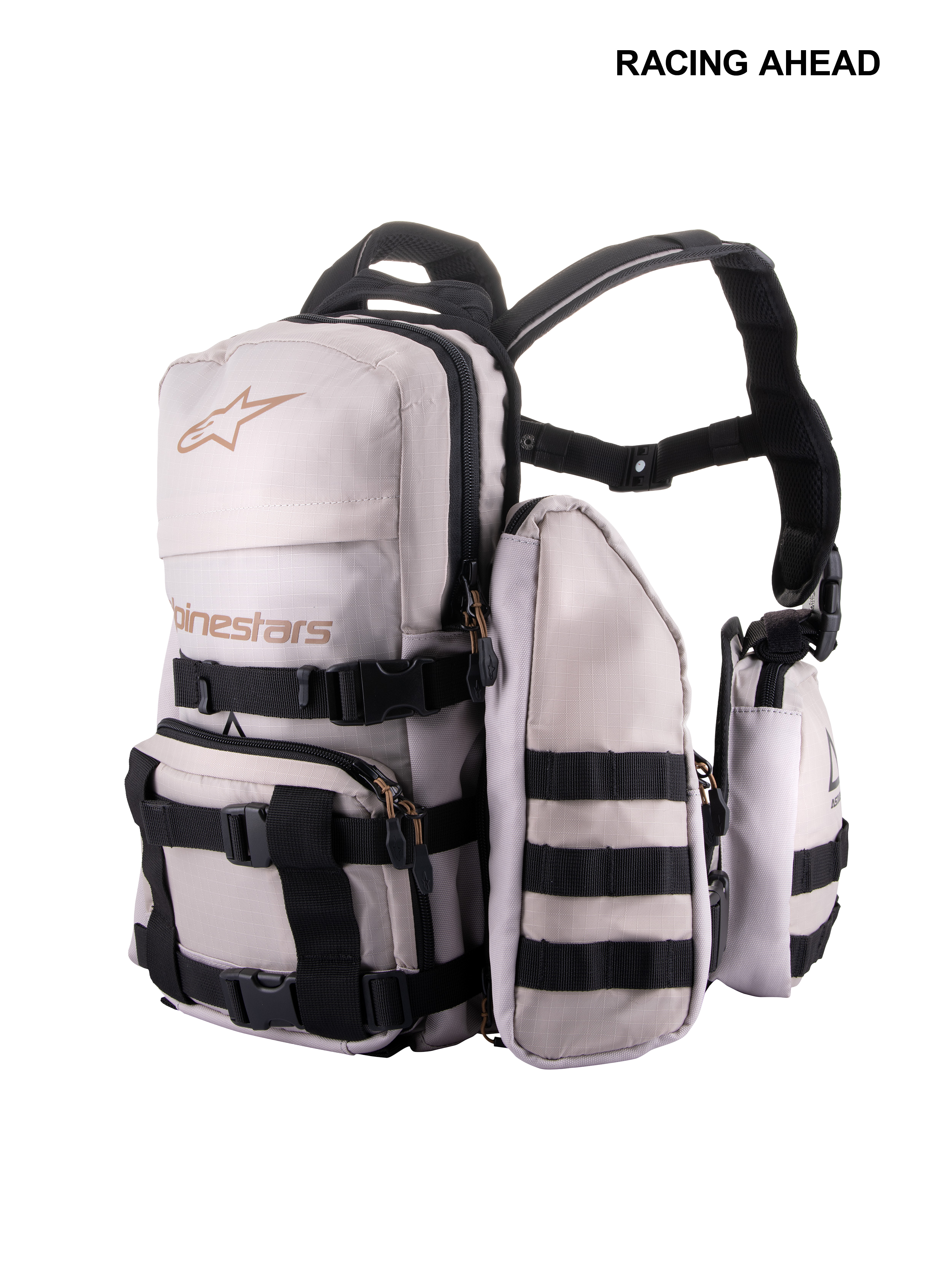 Alpinestars Techdura Tactical Pack, Off-Road and Enduro Backpack, Warm Gray and Black, modular design with detachable pouches, featuring MOLLE webbing and adjustable black straps, durable construction for carrying trail essentials