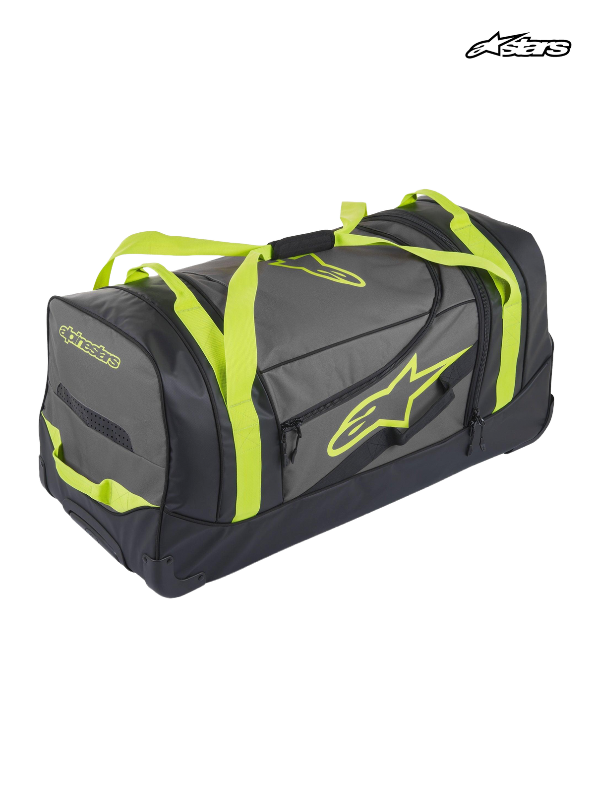 Alpinestars Komodo Travel Bag, durable motorsport gear bag and luggage, black and anthracite with yellow fluo straps and logo branding, waterproof bottom panel for racing and adventure travel