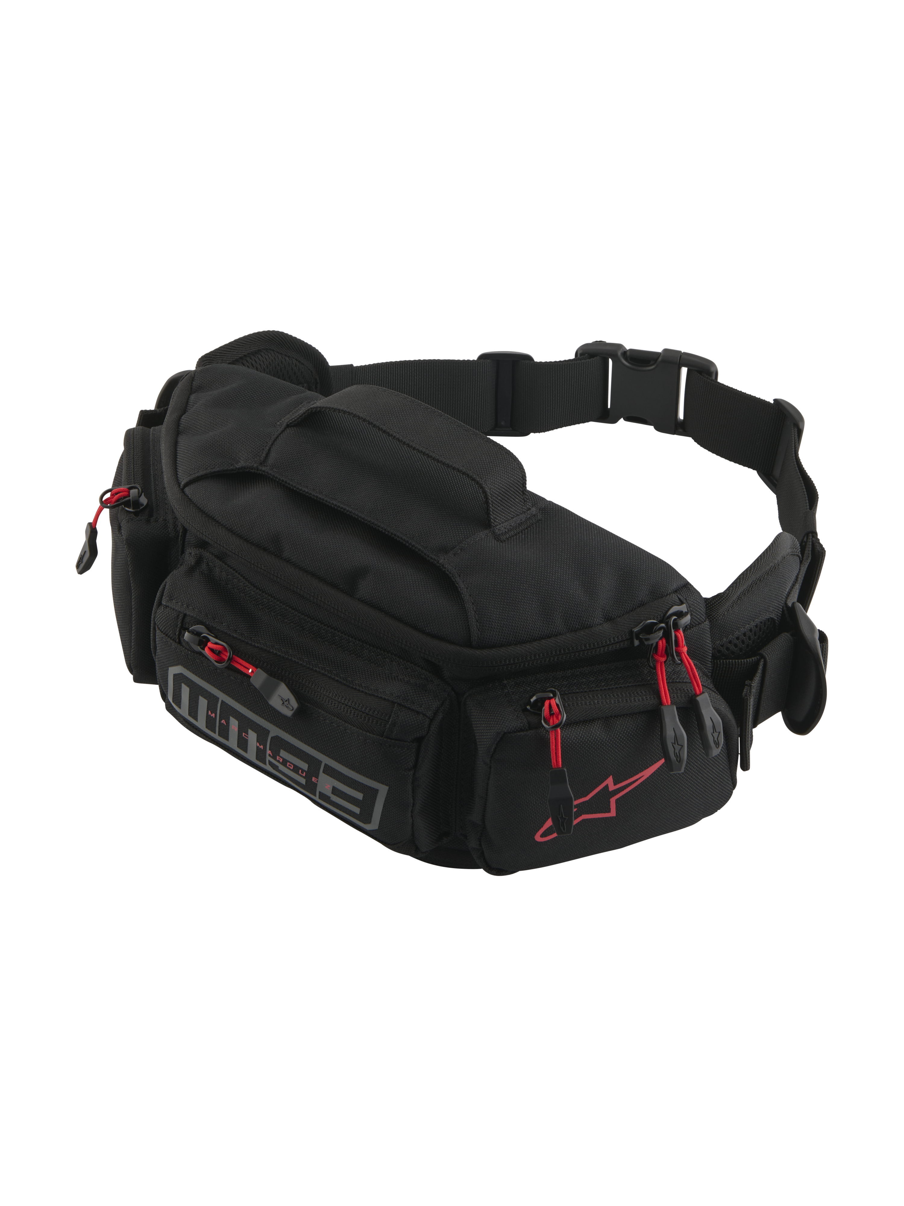 Alpinestars MM93 Waist Bag, Motorcycle Hip Pack, Black with Red Zipper Pulls, multiple zippered compartments, adjustable belt with buckle, featuring red Alpinestars logo and grey MM93 branding, durable water-resistant textile