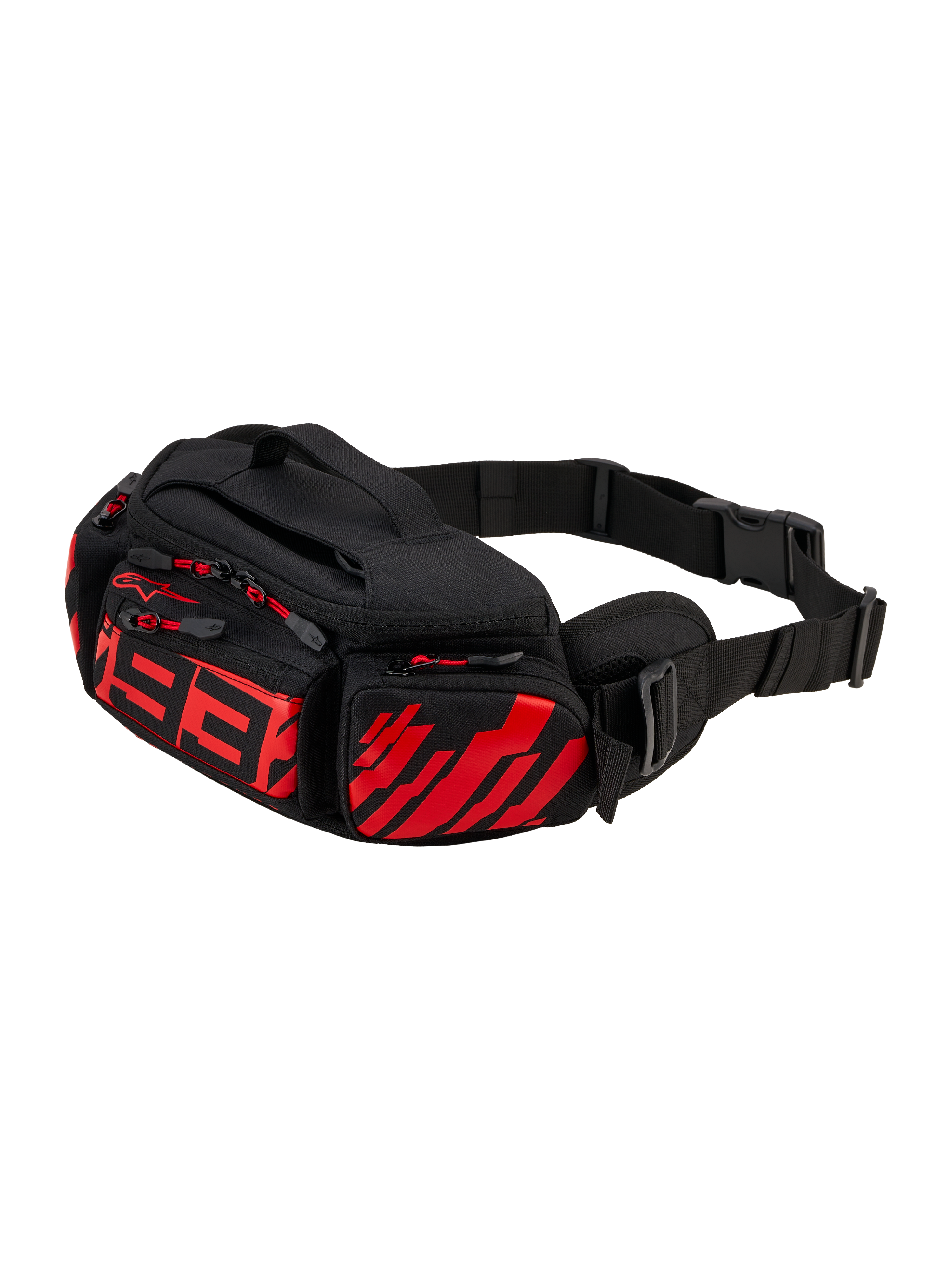 Alpinestars MM93 Waist Bag, Motorcycle Hip Pack, Black with Red Fluo and Bright Red, featuring stylized red 93 logo on front, multiple zippered storage compartments with red pulls, adjustable black waist strap with buckle, durable textile construction