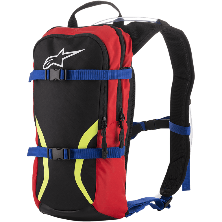 Alpinestars Iguana Hydration Backpack, Off-road Motocross Riding Pack, Black and Red with Blue Straps and Yellow Fluo Graphics, White Astars Logo, Dual Zippered Compartments, Padded Shoulder Straps with visible Hydration Tube