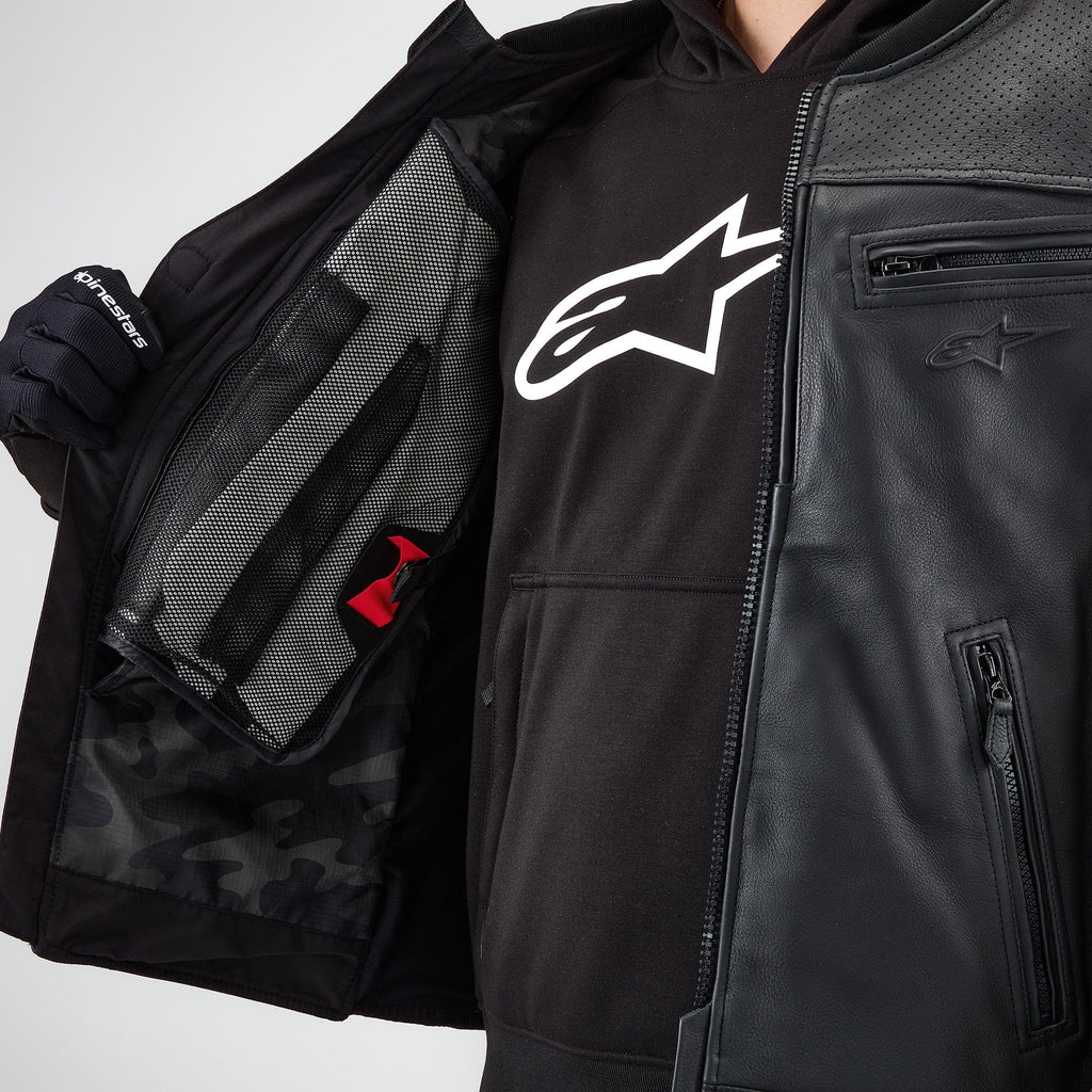 Alpinestars Tech-Air® 3 Leather System, black motorcycle airbag vest with interior mesh pocket and leather finish.