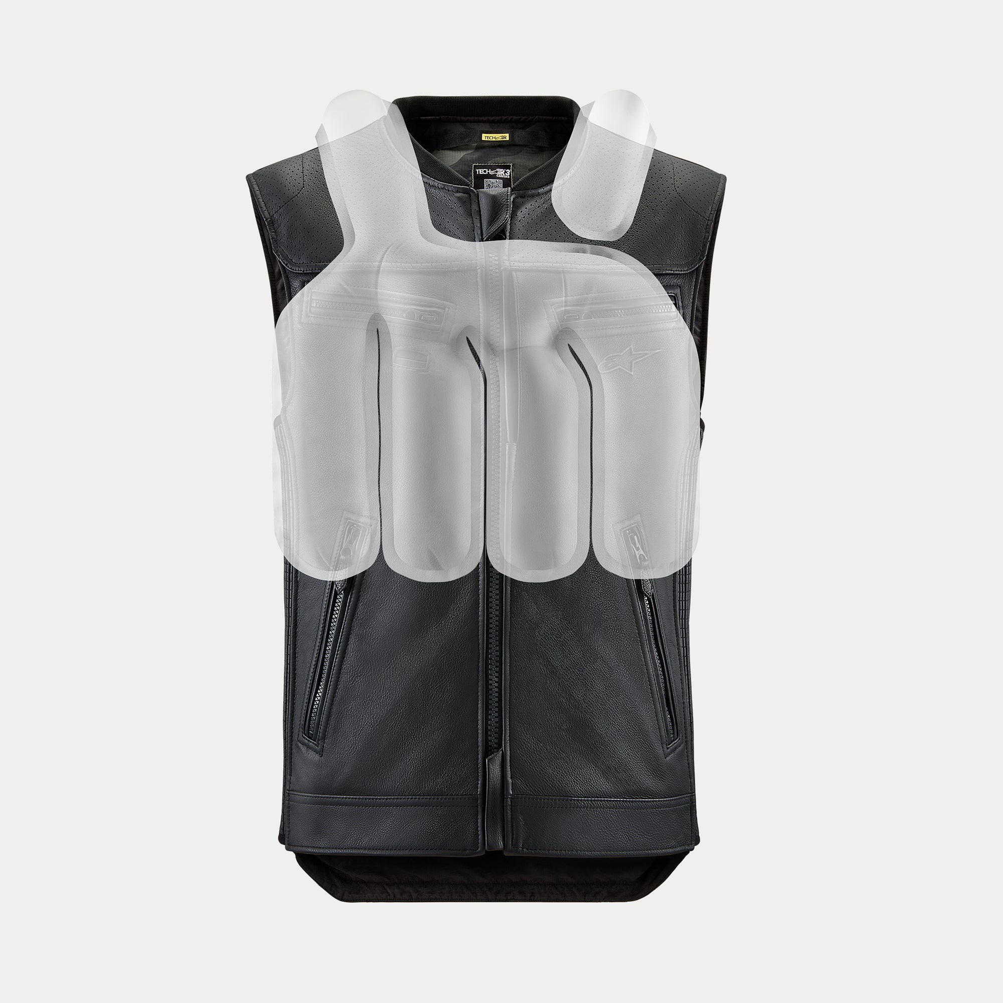 Alpinestars Tech-Air 3 Leather System, black motorcycle airbag vest with a white translucent overlay showing internal protection coverage.