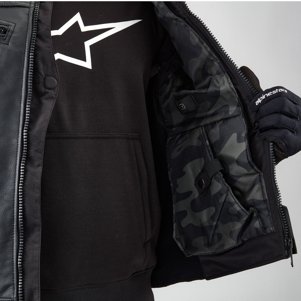 Alpinestars Tech-Air® 3 Leather System, Black motorcycle airbag vest featuring a grey camo inner pocket and autonomous safety.
