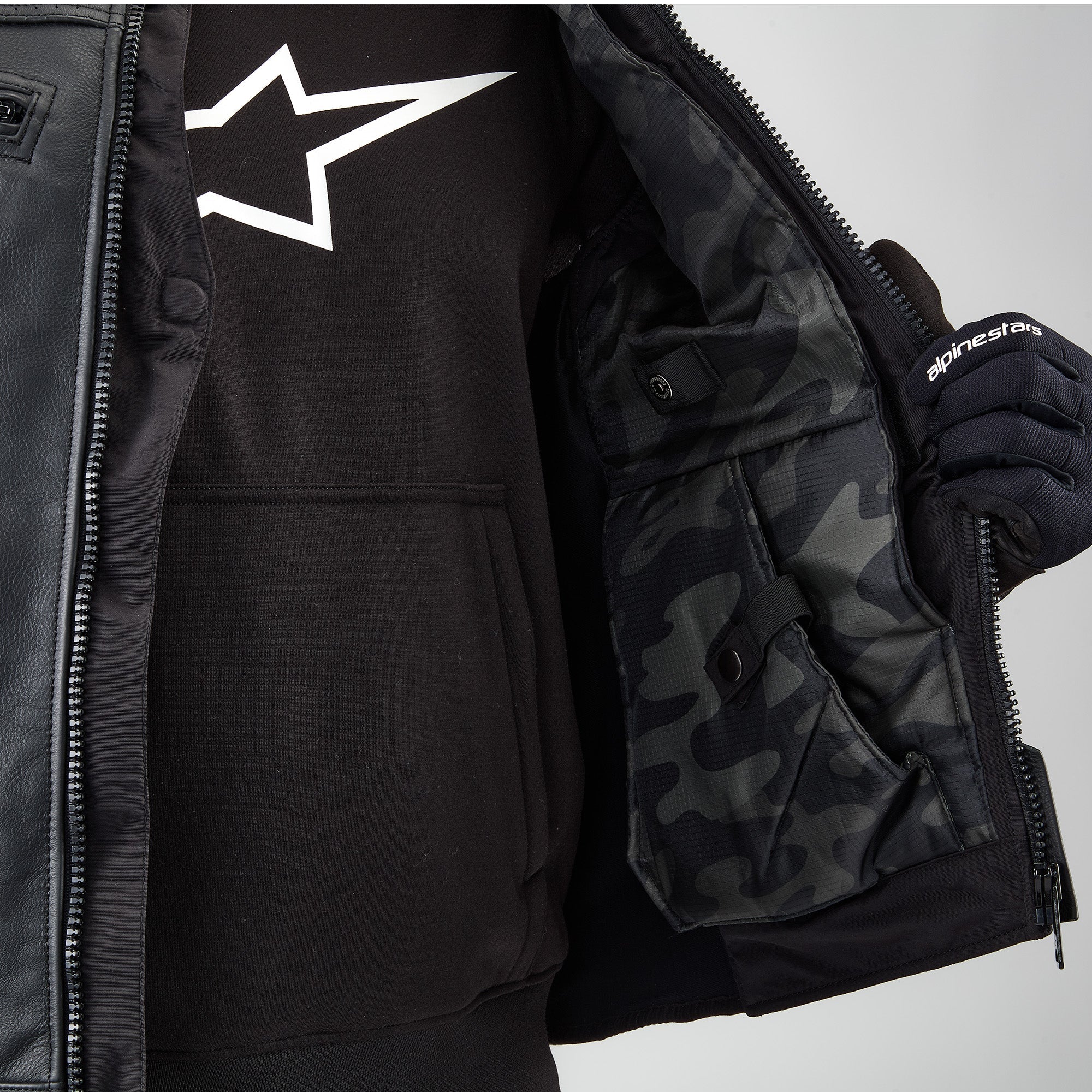 Alpinestars Tech-Air® 3 Leather System, Black motorcycle airbag vest featuring a grey camo inner pocket and autonomous safety.