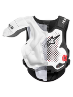 Alpinestars Tech-Air MX System, motocross airbag protector, white and black, CE certified with deployed airbag bladder showing shoulder and chest coverage