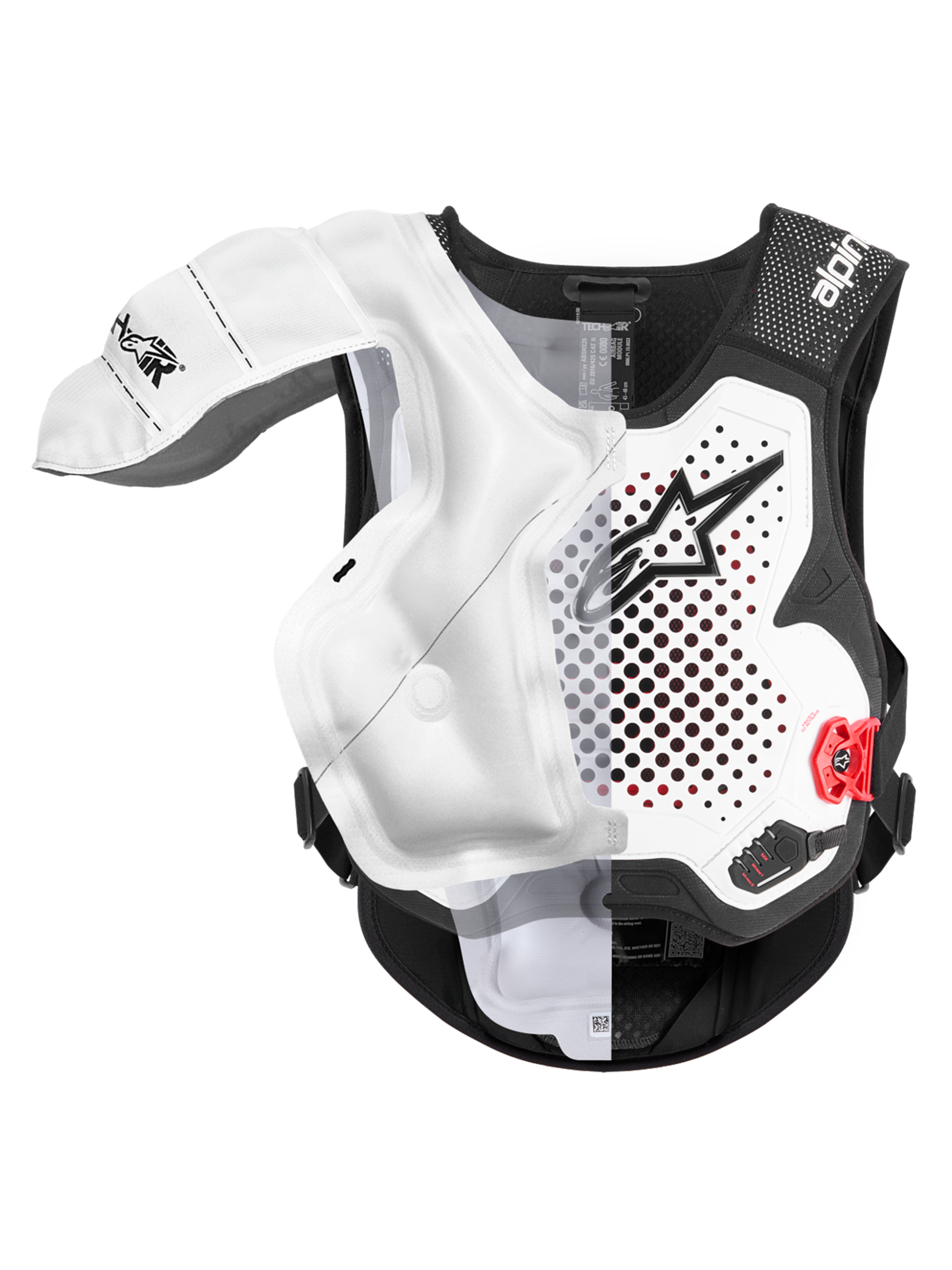 Alpinestars Tech-Air MX System, motocross airbag protector, white and black, CE certified with deployed airbag bladder showing shoulder and chest coverage