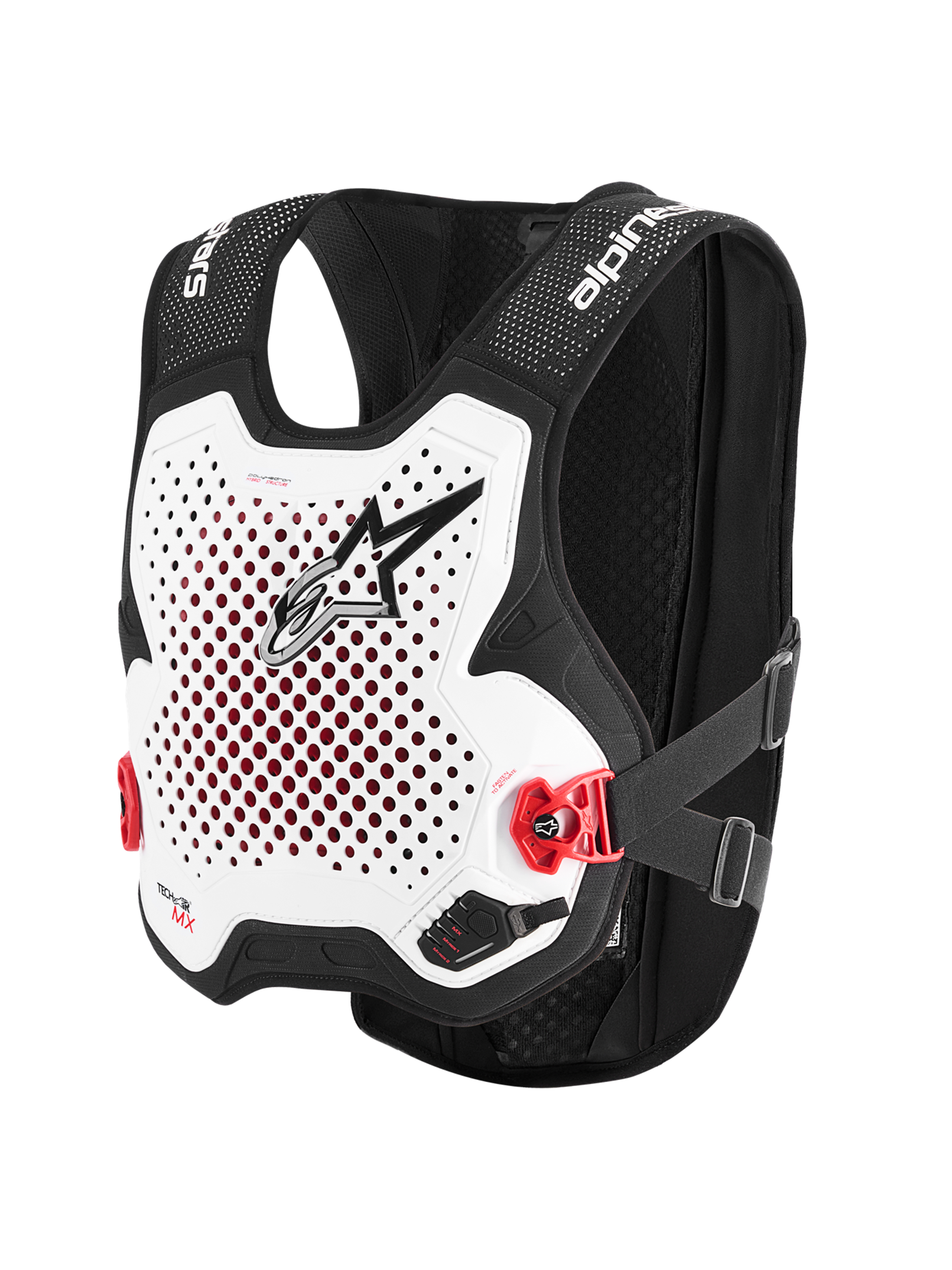 Alpinestars Tech-Air® MX System, motocross airbag protector vest in White and Black, featuring CE-certified protection, integrated Nucleon PLASMA back protector, and breathable stretch-mesh construction