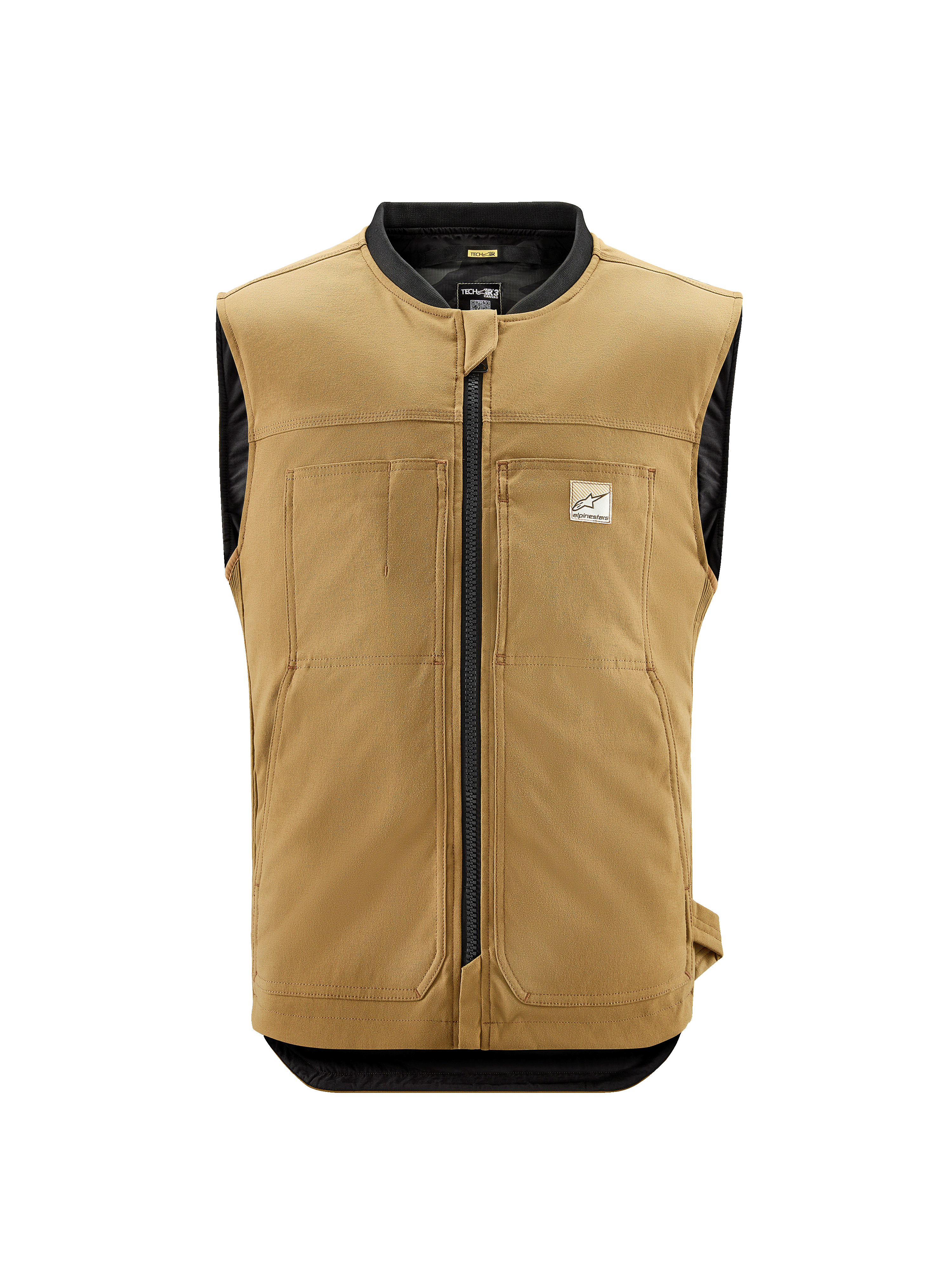 Alpinestars Tech-Air 3 V2 Canvas System, Tan Motorcycle Airbag Vest, Front view featuring black central zipper and collar, stretch canvas material, chest pockets with branding, sleeveless motorcycle safety gear