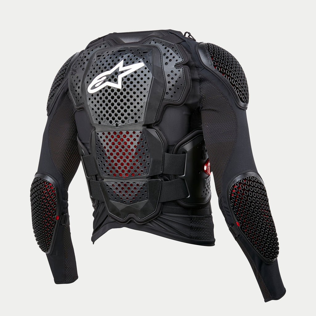 Alpinestars Bionic Tech V3 Protection Jacket, Black, rear view showing integrated back, shoulder, and elbow armor, white Alpinestars logo on perforated back plate, stretch mesh construction with red interior padding visible, adjustable V-straps for off-road protection.