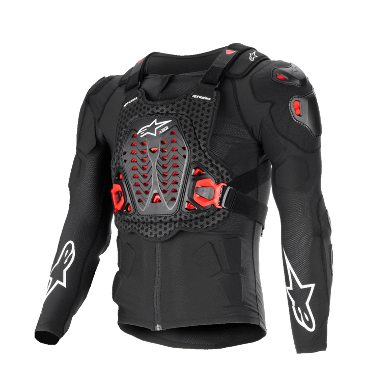 Alpinestars Bionic XTR Plasma Protection Jacket, Black with Red and White accents, Motorcycle Body Armor, breathable mesh-textured chassis, ventilated chest plate with red Nucleon PLASMA inserts, white star logos on sleeves, adjustable side buckles, high-impact off-road gear