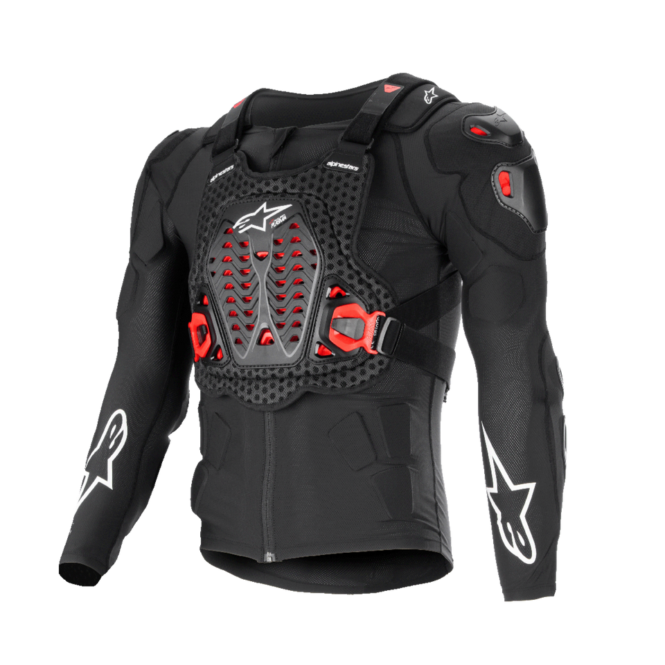 Alpinestars Bionic XTR Plasma Protection Jacket, Black with Red and White accents, Motorcycle Body Armor, breathable mesh-textured chassis, ventilated chest plate with red Nucleon PLASMA inserts, white star logos on sleeves, adjustable side buckles, high-impact off-road gear
