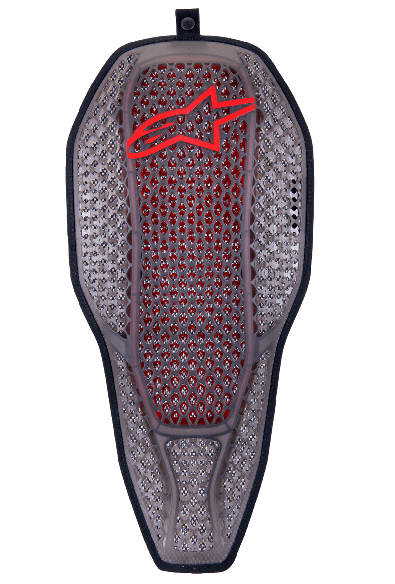 Alpinestars Nucleon Flex Proi Full Back Protector Insert, Transparent Smoke Red, smoke gray hexagonal cell structure with red inner core, red Alpinestars logo at the top, ergonomic elongated shield shape, highly ventilated motorcycle protection gear