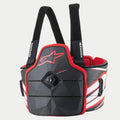 Alpinestars AK-1 Kart Body Protector, Karting Body Protection, Black White and Red, featuring a faceted black chest plate with a red Astar logo, speed-lace dial closure, carbon fiber texture side panels with white and red stripes, and adjustable black shoulder straps