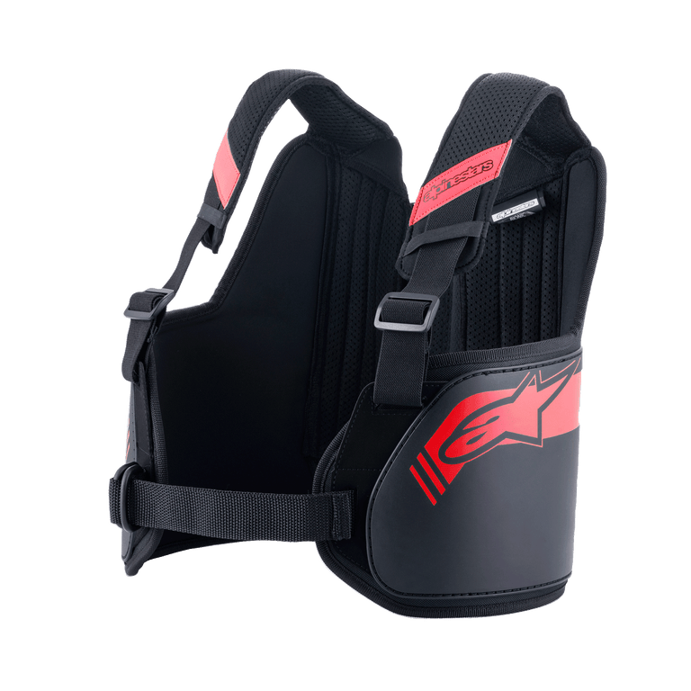 Alpinestars Bionic Rib Support, Karting Rib Protector, Black and Red, featuring adjustable shoulder straps with buckles, ergonomic contoured design with red logo, breathable mesh fabric for motorsport protection