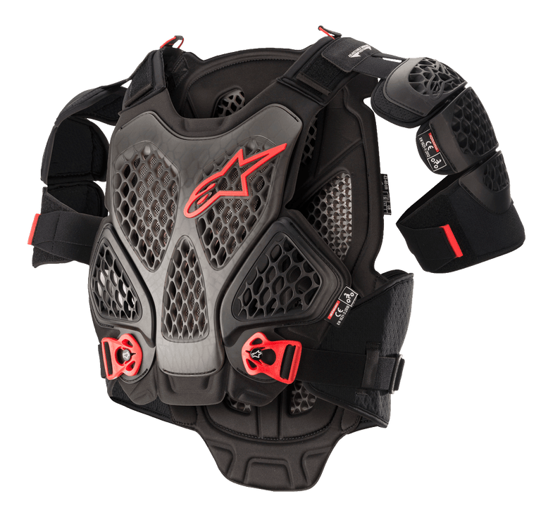 Alpinestars A-6 Chest Protector, Motocross Body Armor, Black Anthracite and Red, featuring honeycomb Cell technology plates, red Alpinestars logo, adjustable red quick-release buckles, and removable shoulder protectors