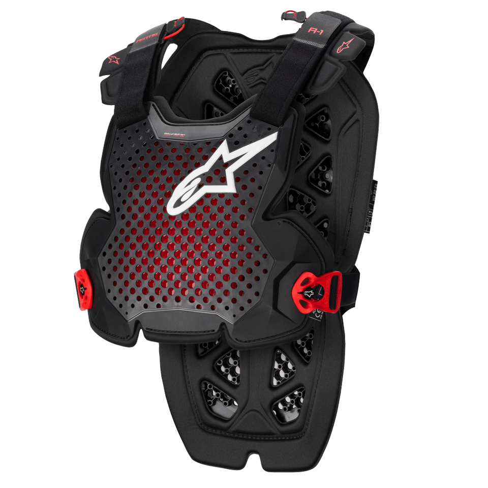 Alpinestars A-1 Pro Chest Protector, Anthracite Black and Red, perforated breathable design with white logo, adjustable straps with red buckles, hexagonal ventilation pattern, lightweight protective armor for motocross and off-road riding
