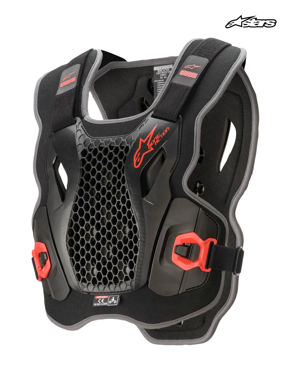 Alpinestars Bionic Action Chest Protector, motocross chest protection, black and red, ultra-lightweight design featuring cell technology and CE certification, front view