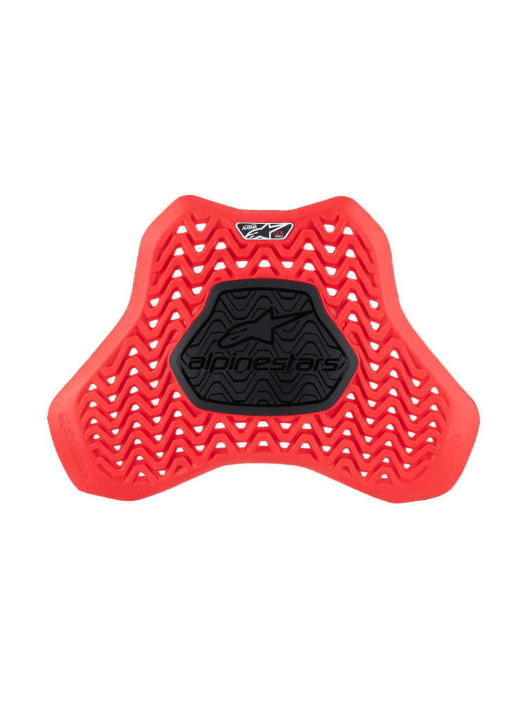 Alpinestars Nucleon Plasma Full Chest Protector Insert, Motorcycle Chest Protector, Red and Black, featuring a wavy ventilated pattern for airflow, central black semi-rigid zone with Alpinestars logo, ergonomic shield design for impact protection