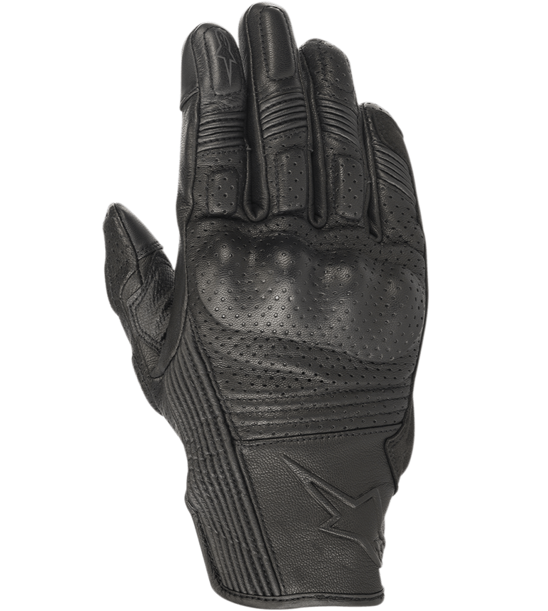 Alpinestars Mustang V2 Gloves, Black Leather Motorcycle Gloves, Perforated Design with Integrated Knuckle Protection, Accordion Stretch Panels on Fingers, Embossed Star Logo, Urban Short-Cuff Style
