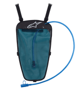 Alpinestars Hydration Pack, Black and Blue, 1.5L water bladder in mesh pouch, blue drinking tube with mouthpiece, white Astar logo, adjustable straps for jacket integration, designed for off-road and adventure riding
