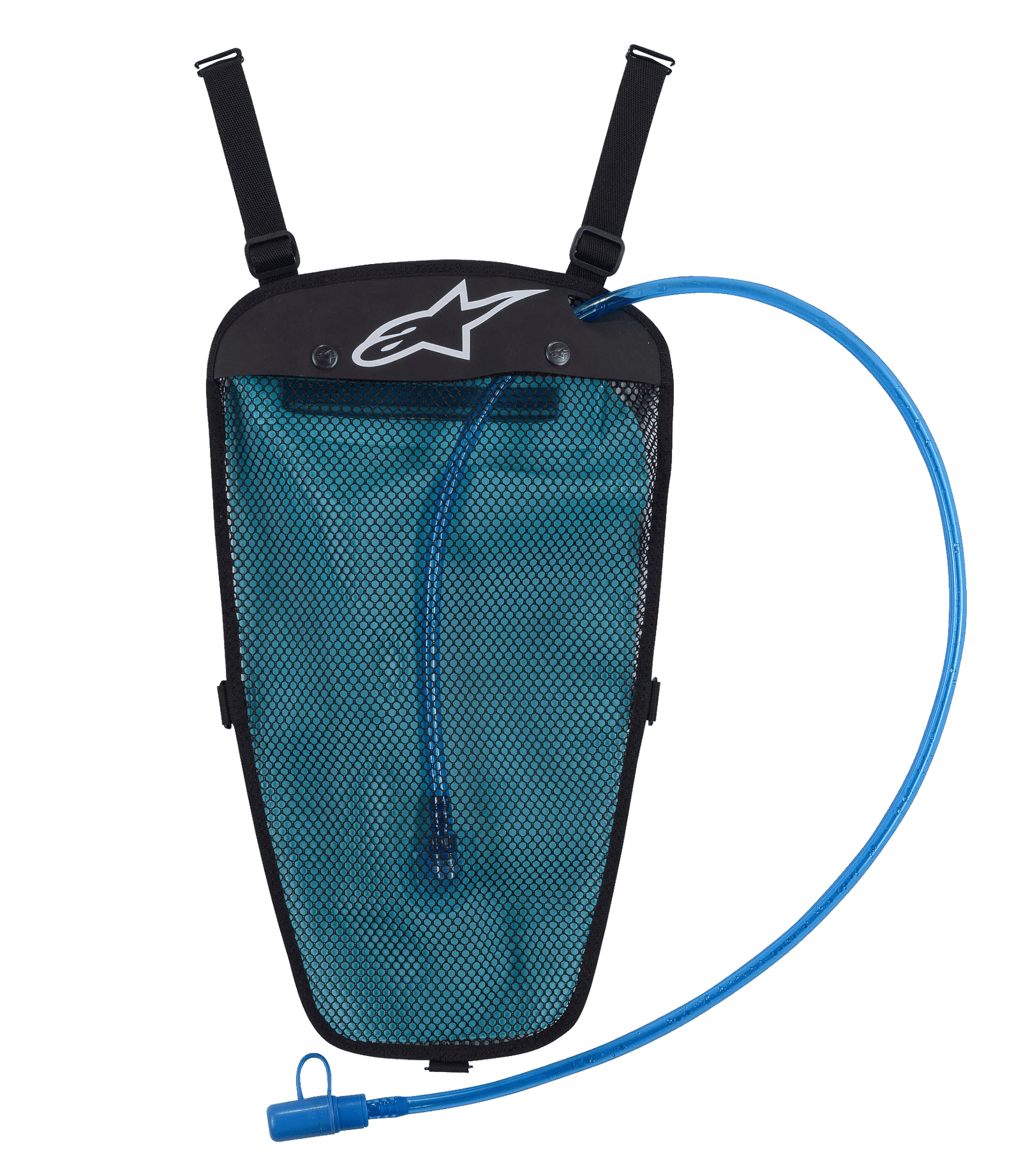 Alpinestars Hydration Pack, Black and Blue, 1.5L water bladder in mesh pouch, blue drinking tube with mouthpiece, white Astar logo, adjustable straps for jacket integration, designed for off-road and adventure riding