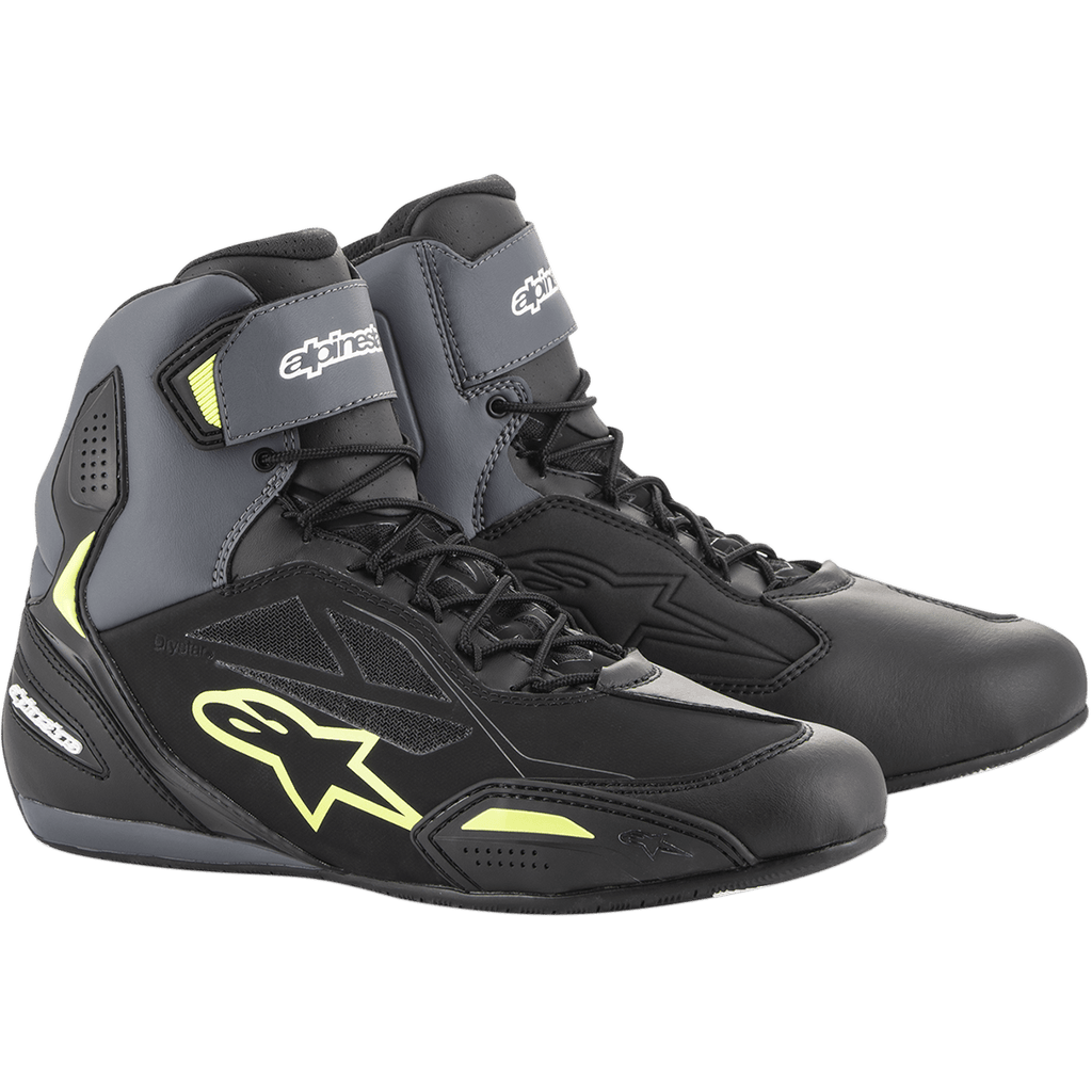 Alpinestars Faster-3 Drystar® Riding Shoes, waterproof motorcycle road boots for men, Black Gray and Yellow Fluo microfiber.