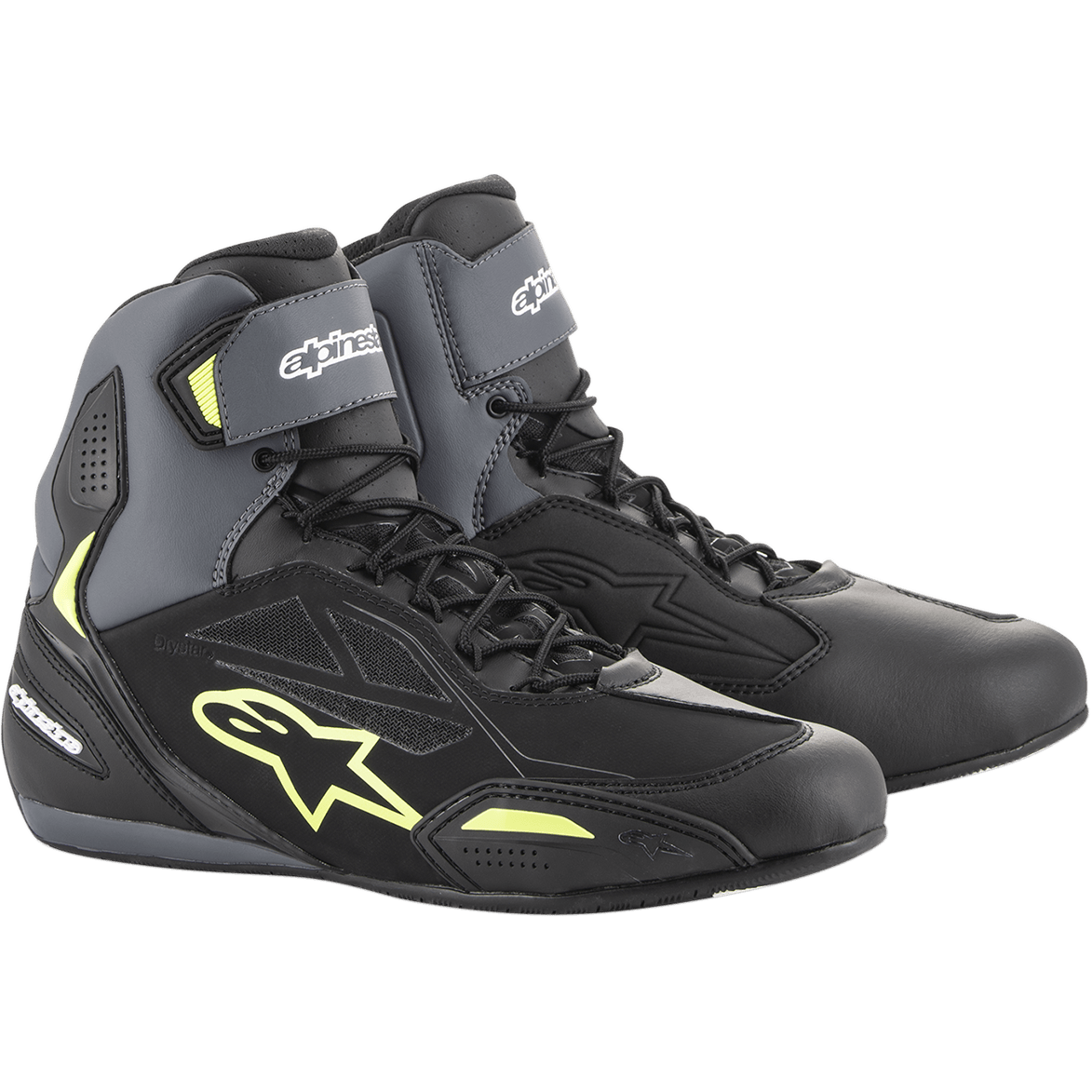 Alpinestars Faster-3 Drystar® Riding Shoes, waterproof motorcycle road boots for men, Black Gray and Yellow Fluo microfiber.