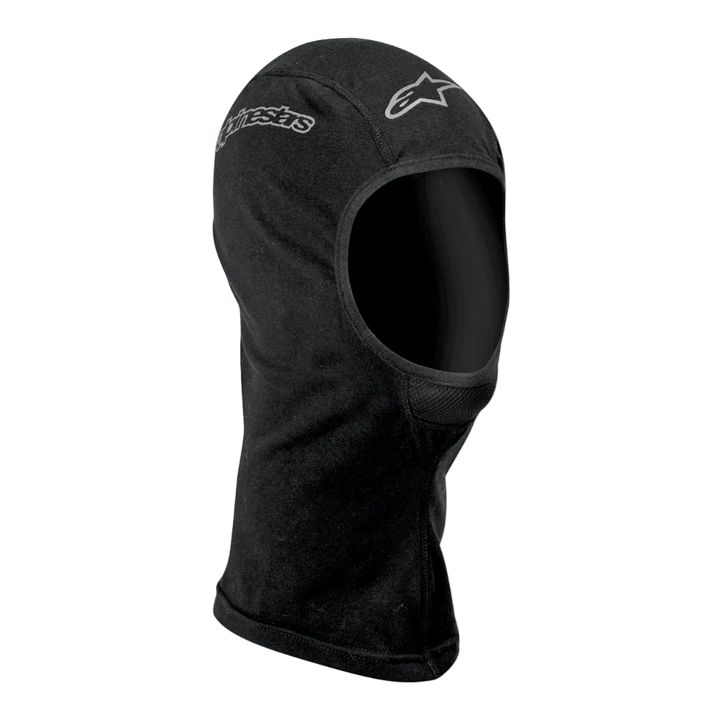 Alpinestars Open-Face Balaclava, Motorcycle Riding Base Layer, Unisex, Black, Moisture-Wicking Textile, featuring silver Alpinestars logos, ergonomic open-face design with flatlock seams and an extended neck for wind protection and coverage.