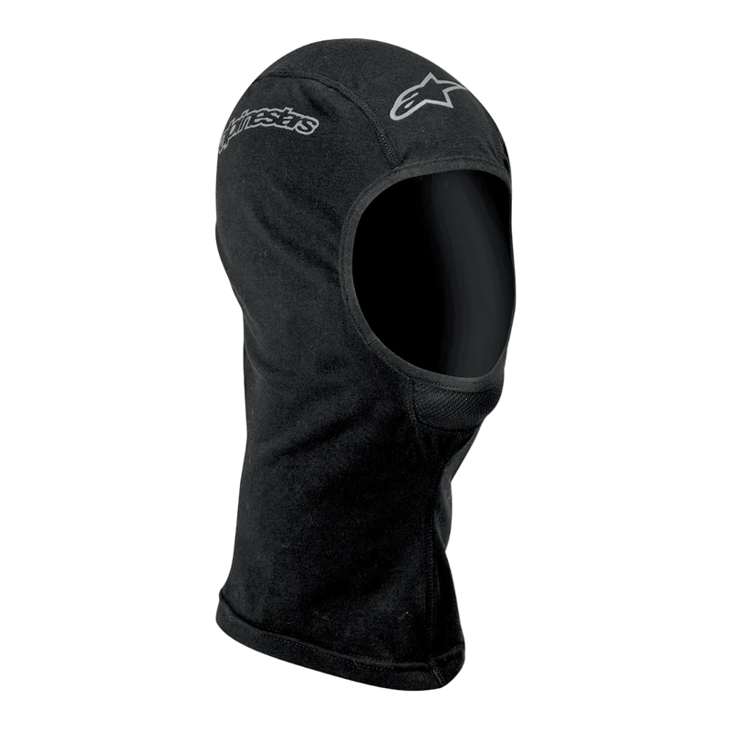 Alpinestars Open-Face Balaclava, Motorcycle Riding Base Layer, Unisex, Black, Moisture-Wicking Textile, featuring silver Alpinestars logos, ergonomic open-face design with flatlock seams and an extended neck for wind protection and coverage.