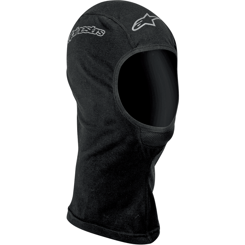 Alpinestars Open-Face Balaclava, Motorcycle Base Layer, Black, featuring silver Alpinestars logos on the forehead and side, soft moisture-wicking fabric with flatlock seams and extended neck for coverage