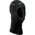 Alpinestars Open-Face Balaclava, Motorcycle Base Layer, Black, featuring silver Alpinestars logos on the forehead and side, soft moisture-wicking fabric with flatlock seams and extended neck for coverage