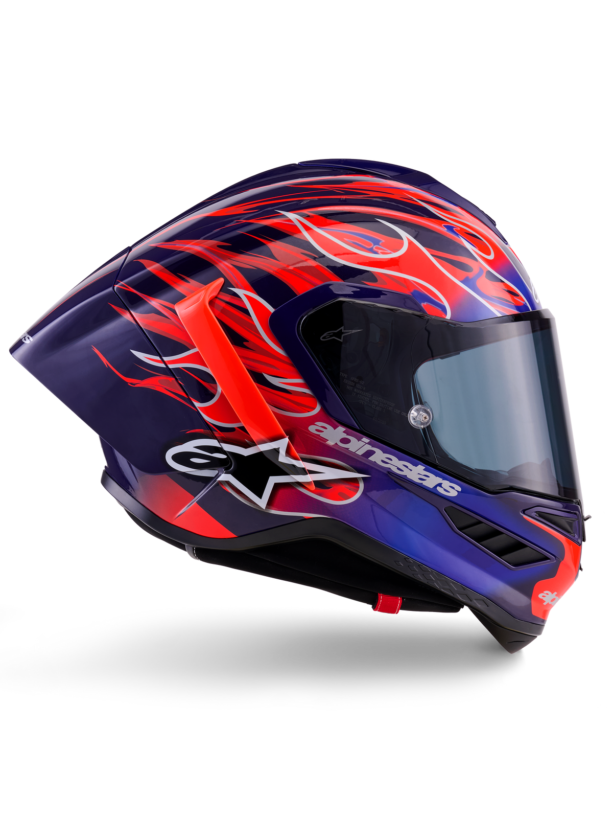 Alpinestars Supertech R10 Limited Edition Flyte Helmet, Purple Red Glossy, full-face motorcycle helmet featuring deep blue and purple base with vibrant orange and red flame motifs, aerodynamic profile with a red rear spoiler and dark smoke visor, professional racing gear