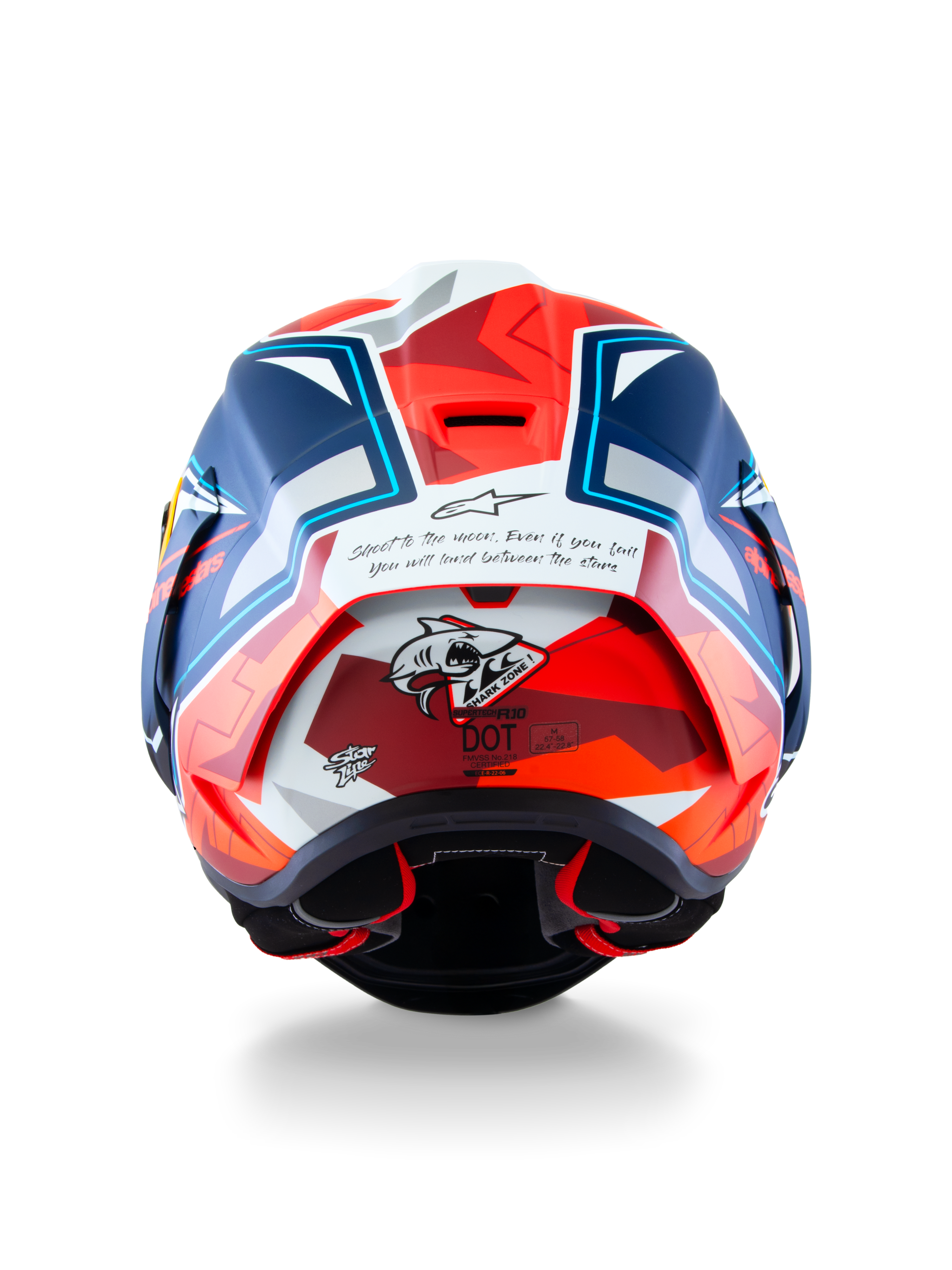 Alpinestars Supertech R10 Acosta Limited Edition Helmet, rear view showing carbon composite construction, shark graphic, and DOT certification, Blue, Red and White, racing motorcycle helmet