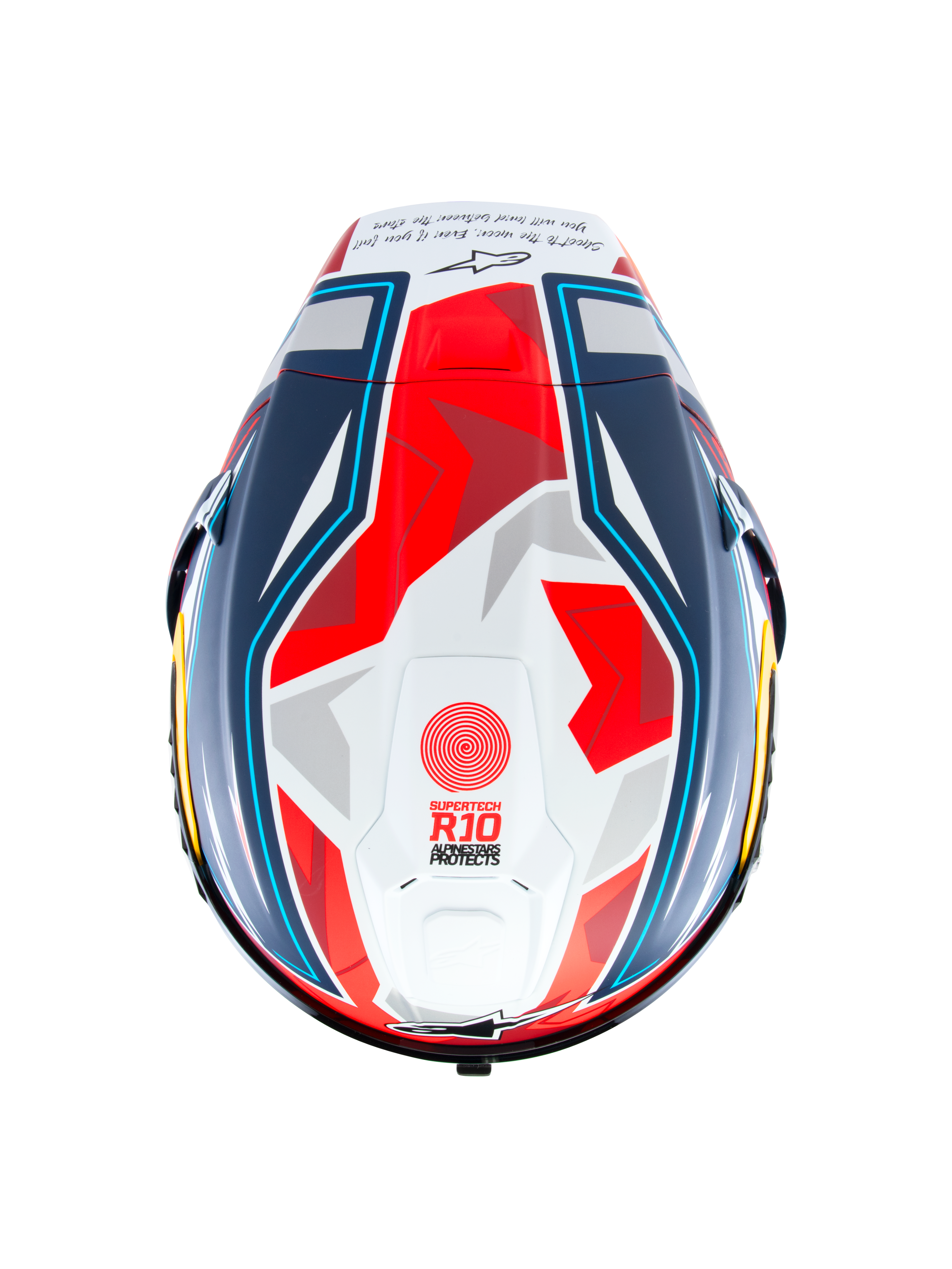 Alpinestars Supertech R10 Acosta Limited Edition Helmet, top view of the carbon racing helmet in Blue Red White Matt with aerodynamic spoiler and race graphics, ECE 22.06 and FIM certified