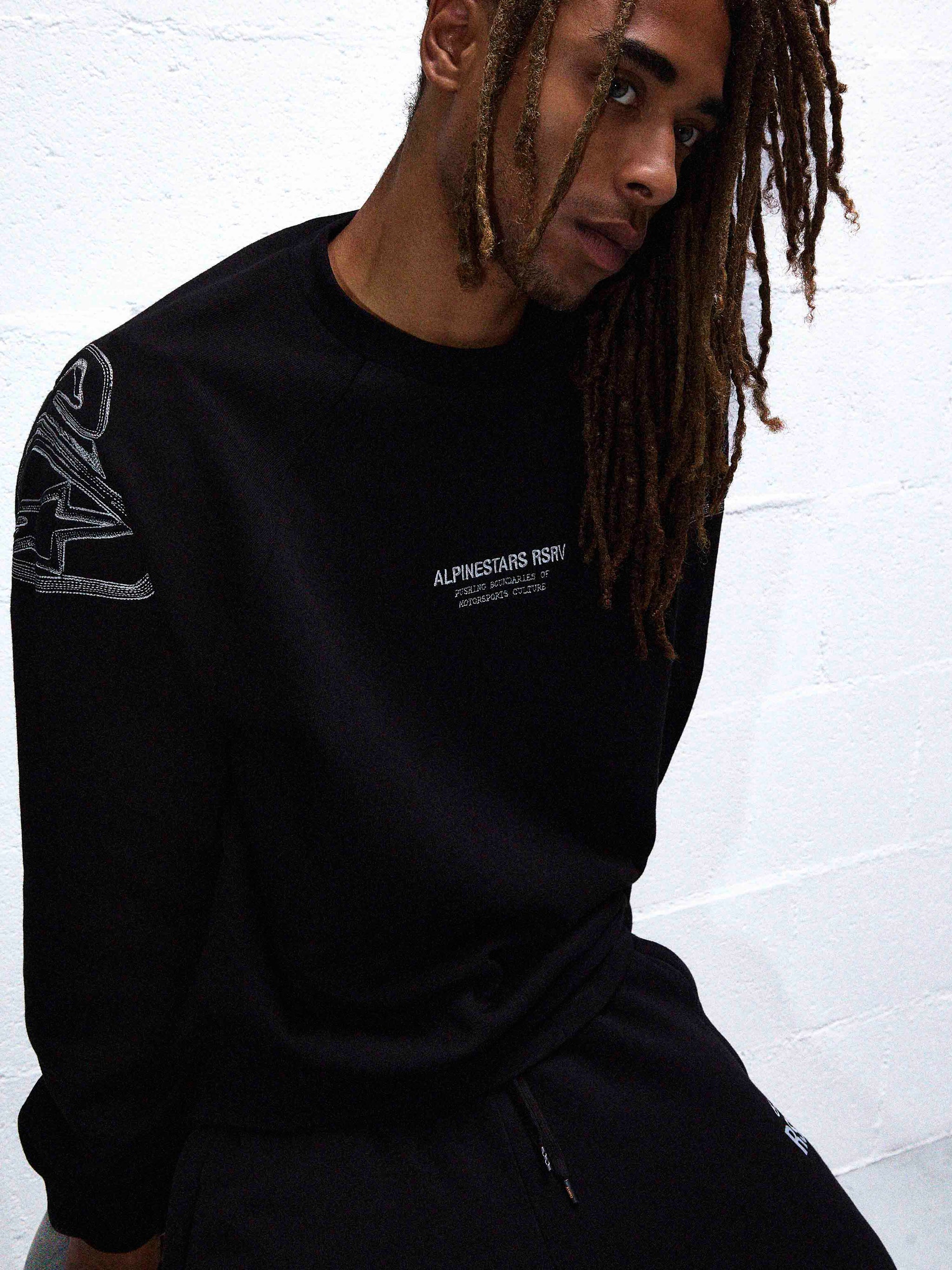 Alpinestars RSRV Shoulder Cup Crewneck, black sweatshirt with white Alpinestars RSRV text and shoulder design, casual streetwear, unisex style