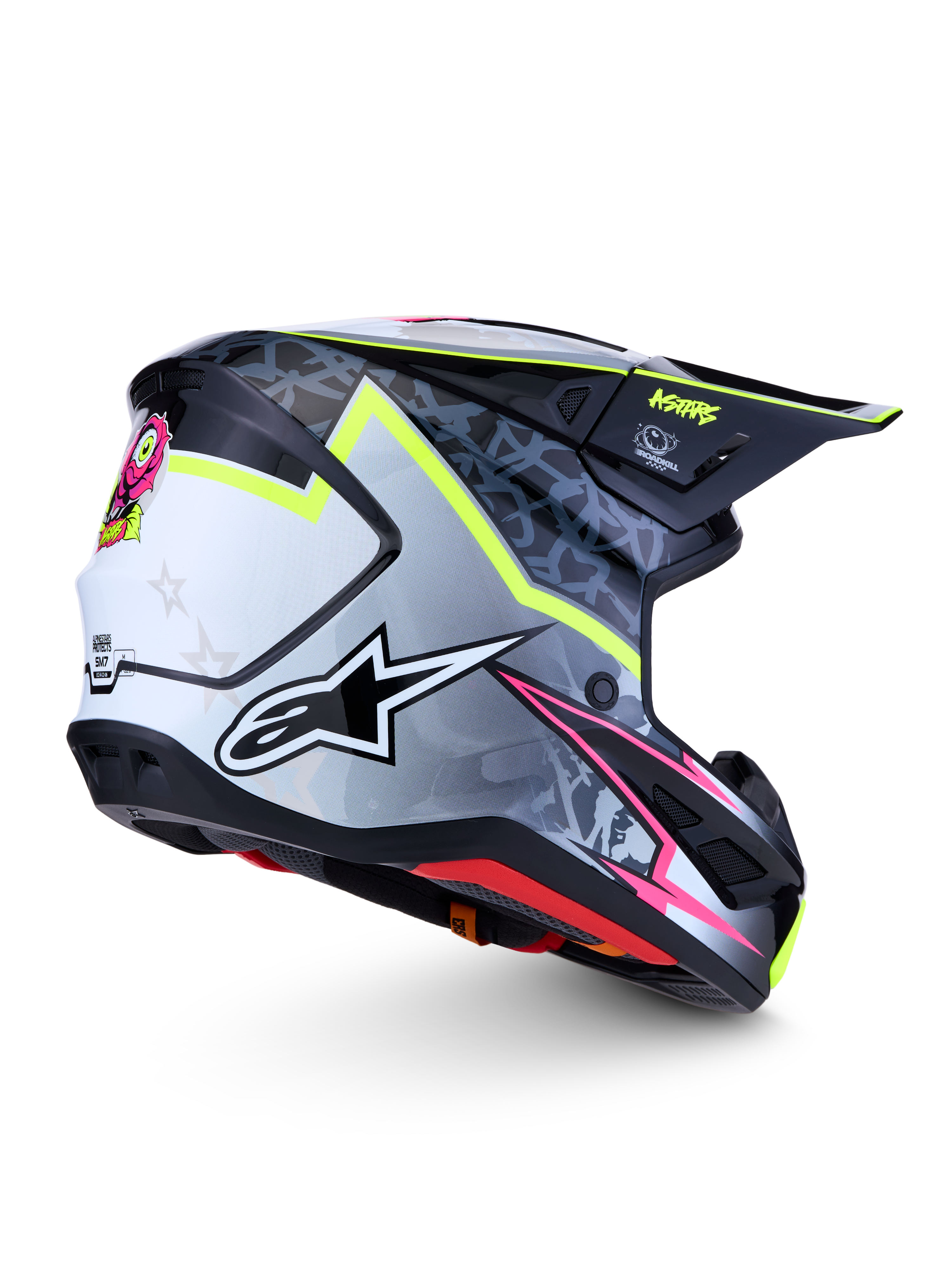 Alpinestars S-M7 Blaster Motocross Helmet in Gray and Black with Yellow Fluo, featuring an ECE certified aerodynamic shell.