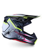 Alpinestars S-M7 Blaster Helmet, gray and black motocross helmet with fluorescent yellow and pink graphics.