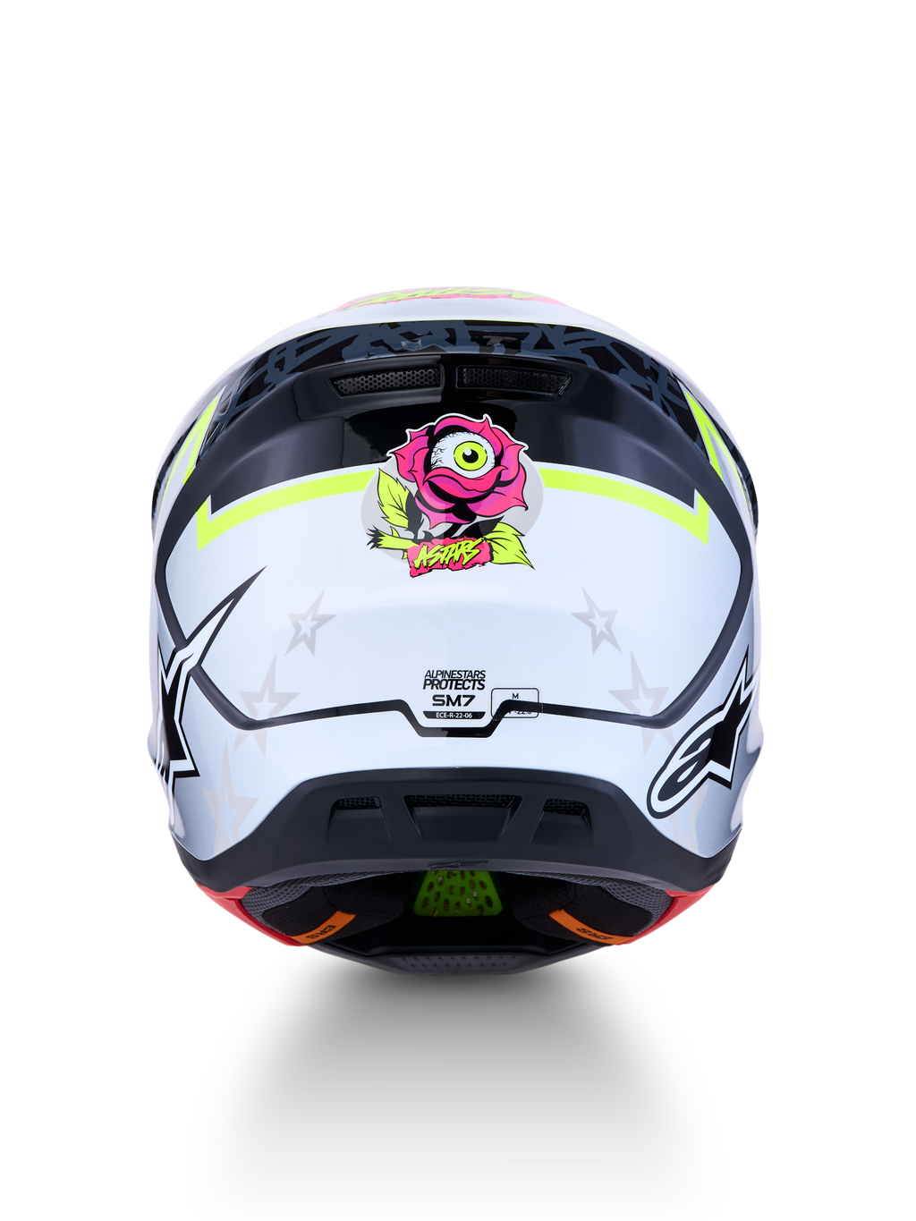 Alpinestars S-M7 Blaster Motocross Helmet, Black and Gray with Yellow Fluo, ECE 22.06 Certified, rear view rose graphic.